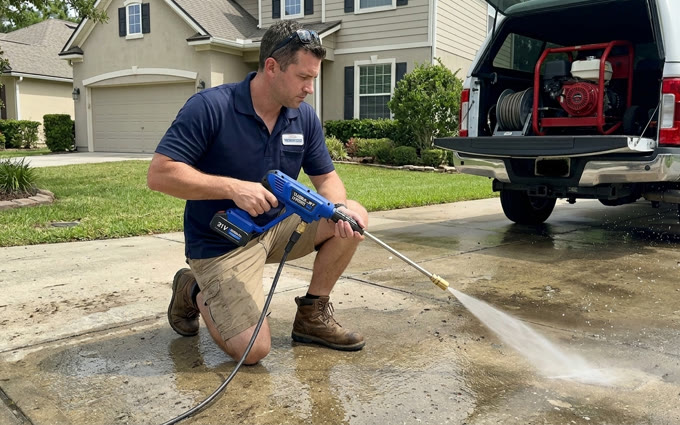 Professional using the HydroWasher X5 Pro on a driveway