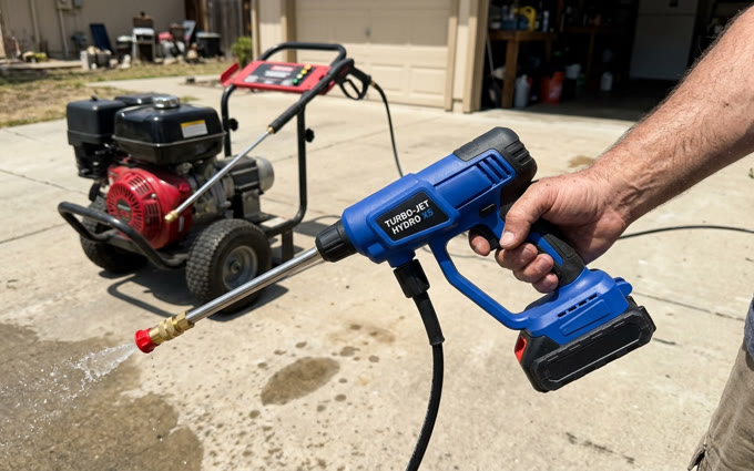 Hand holding the HydroWasher X5 Pro next to a petrol pressure washer for size comparison